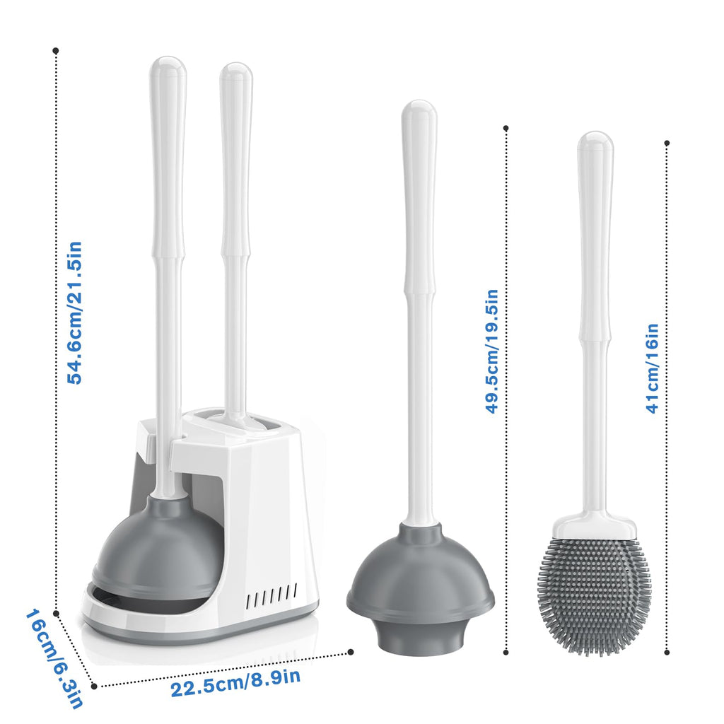 Unique Toilet Plunger and Brush, Silicone Brush and Heavy Duty Toilet Plunger Set with Ventilated Holder, 2-in-1 Toilet Brush and Plunger Combo for Bathroom Cleaning-New Pack (White)
