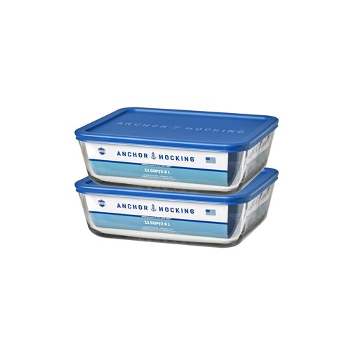 Anchor Hocking 11-Cup Glass Storage Containers with Lids, Set of 2 Glass Food Storage Containers with Blueberry SnugFit Lids