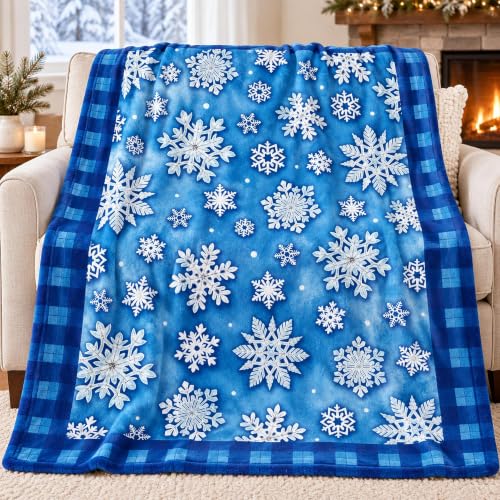 Snowflake Throw Blanket 60x80in Winter Christmas Blanket - Blue & White, Festive Holiday Decor