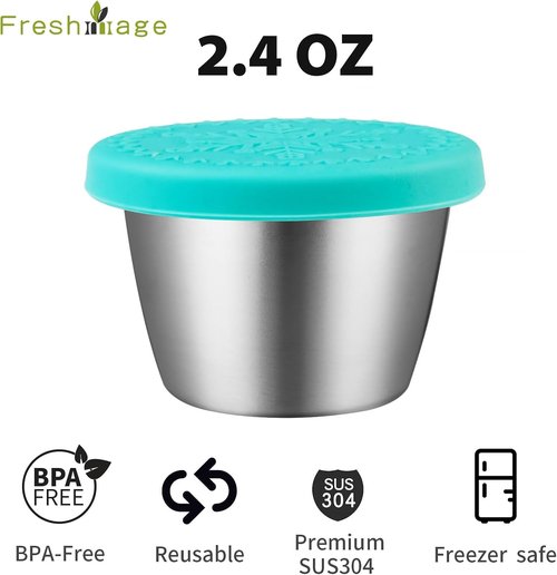 Freshmage Stainless Steel Dressing Containers - 6 Pack Reusable Leakproof Sauce Containers (2.4oz)