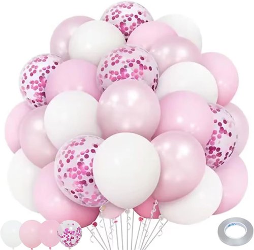 Light Pink & White Balloons - 12 Inch Confetti Balloons for Wedding, Bridal & Baby Showers