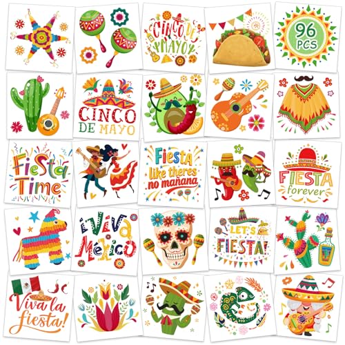Konsait Cinco de Mayo Temporary Tattoos, 96 Pcs Mexican Fiesta Party Favors