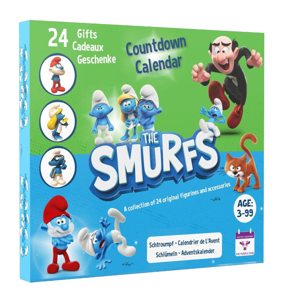 The original SMURFS countdown Calendar Collectible Cartoon Toys for Boys and Girls, 12 Figurines + 12 SMURFY gifts! Ages 3+. 24 Pieces