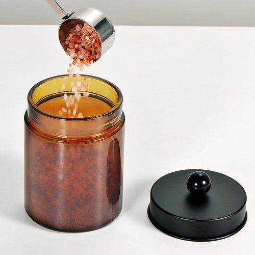 Amber Glass Qtip Holder - Apothecary Jar with Metal Lid & Stickers | 3-Pack Vanity Organizer Set for Bathroom Accessories