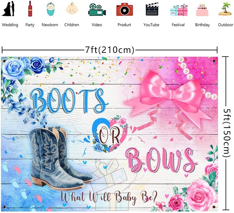 Skiennix Cowboy Boots & Bows Gender Reveal Backdrop - Rustic Wood Design | 7x5ft Photo Booth Banner