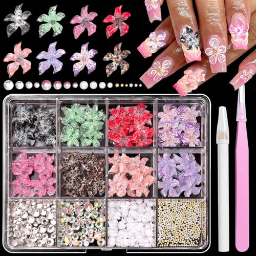 3D Hawaii Flower Nail Charms and Rhinestones Hibiscus Nail Art Kit