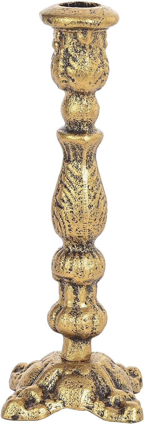 Sungmor Vintage Gold Cast Iron Candle Holder - 8.7" Tall Rustic Taper Stand for Home Décor | Antique-Style Centerpiece
