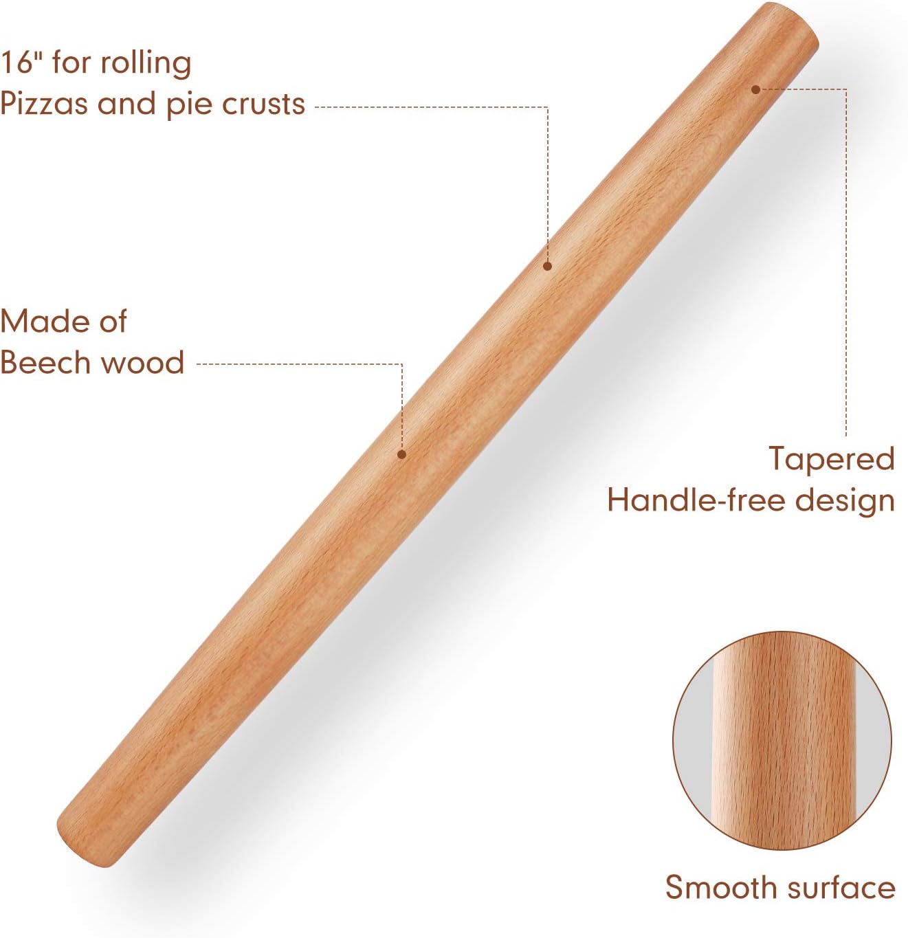 QUELLANCE Wood French Rolling Pin - Beech Wood Dough Roller with Silicone Baking Mat | Ideal for Pizza, Pastries & Cookies