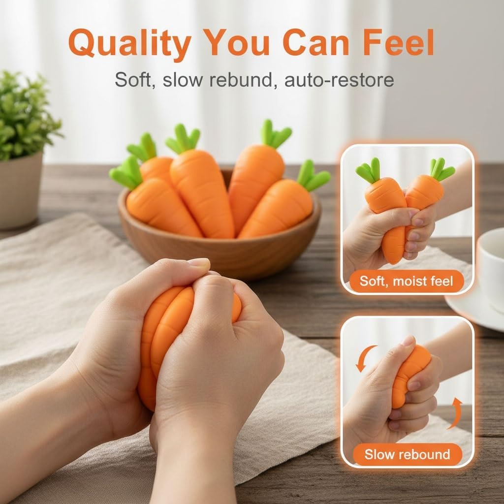 Skiennix Carrot Stress Relief Toy - Realistic Moldable Slow Rise Fidget Ball for Relaxation | Perfect Easter Basket Stuffer