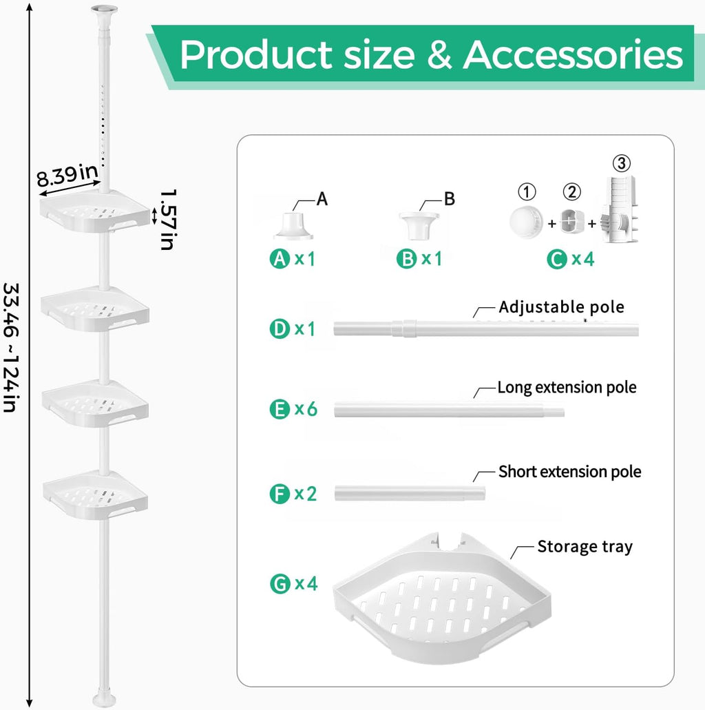 Shuang Qing 4-Tier Corner Shower Caddy - Adjustable Rustproof Metal Organizer | White Plastic Shelves with Safety Guardrail