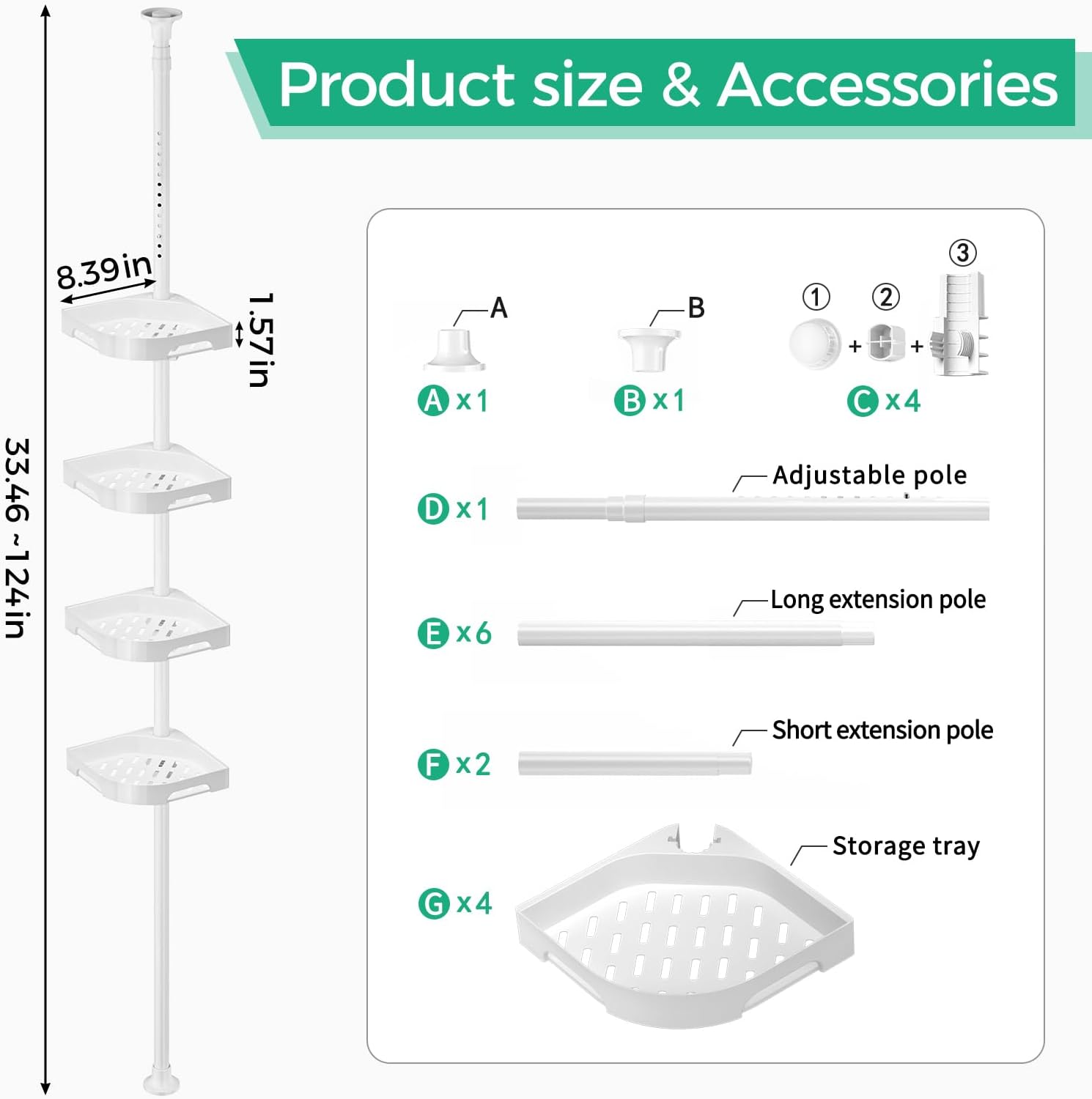 Shuang Qing 4-Tier Corner Shower Caddy - Adjustable Rustproof Metal Organizer | White Plastic Shelves with Safety Guardrail
