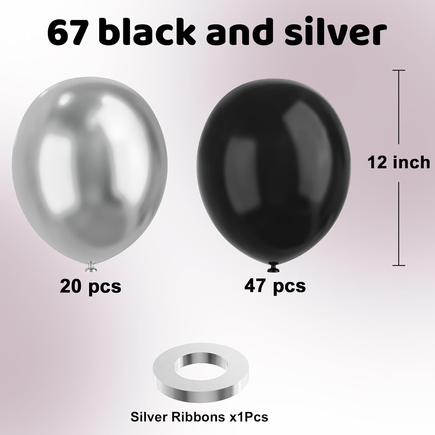 Skiennix 12-Inch Metallic Black & Silver Balloons - 67pcs for Birthday, Baby Shower & Wedding Decor
