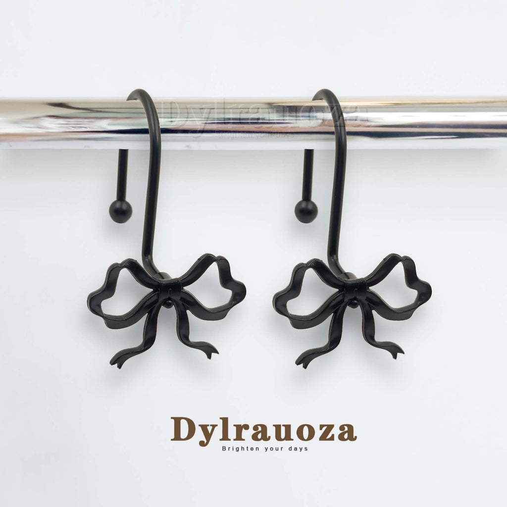 Dylrauoza Black Bow Shower Curtain Hooks, 12 Pack Decorative Metal Rust Proof Shower Curtain Rings for Bathroom, Elegant Cute Curtain Hangers for Standard Shower Rods