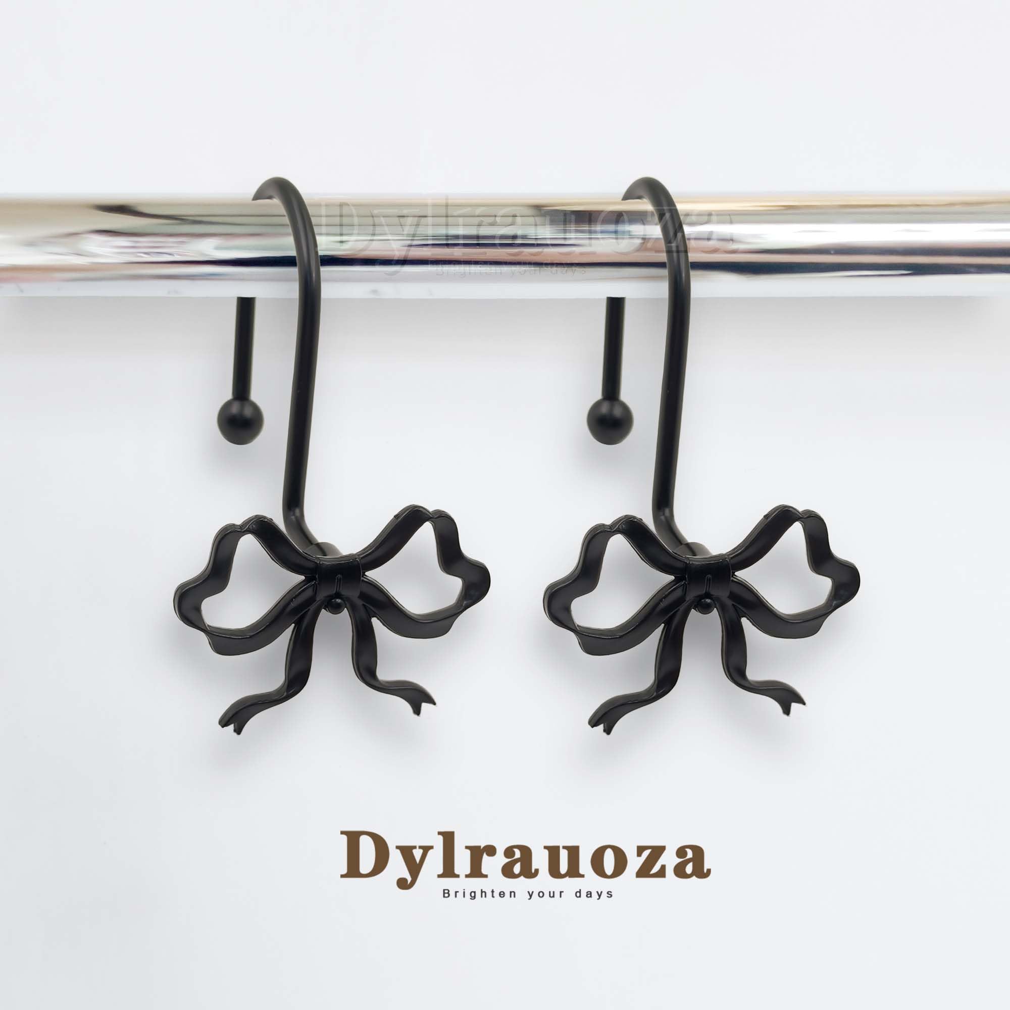 Dylrauoza Black Bow Shower Curtain Hooks, 12 Pack Decorative Metal Rust Proof Shower Curtain Rings for Bathroom, Elegant Cute Curtain Hangers for Standard Shower Rods