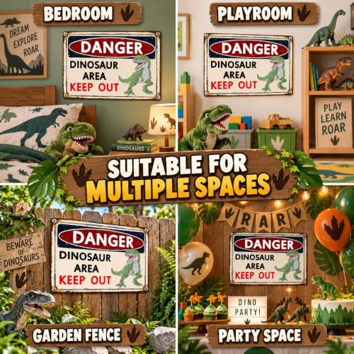 Dinosaur Danger Sign for Boys' Room - Vintage Metal Dinosaur Area Keep Out Sign, 8x12 Inches