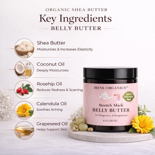 Irene Organics Organic Belly Butter - Award-Winning Stretch Mark Prevention & Treatment Balm 4oz | Hydrating Tummy Cream