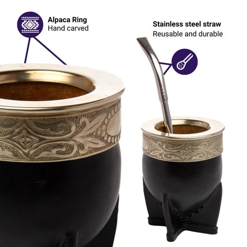 Tatengue Mate Imperial Gourd and Bombilla Set - Argentino Yerba Mate Kit, Uruguayo Calabaza Cup, Handmade Leather Gourds, Premium Alpaca Calabash Tea Cups
