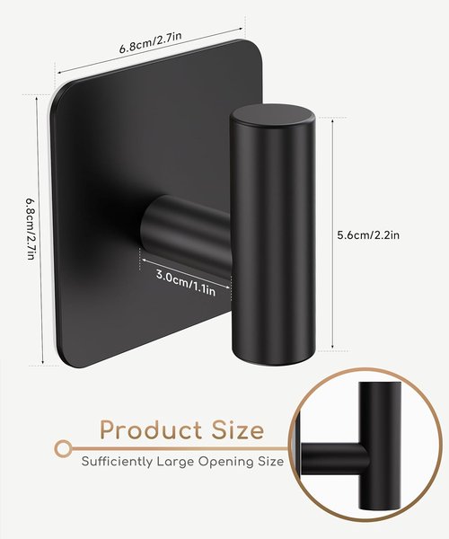 Aikzik Heavy Duty Wall Hooks - 26lb Max Capacity, Stainless Steel Adhesive Towel & Coat Hooks | Matte Black, 4 Pack