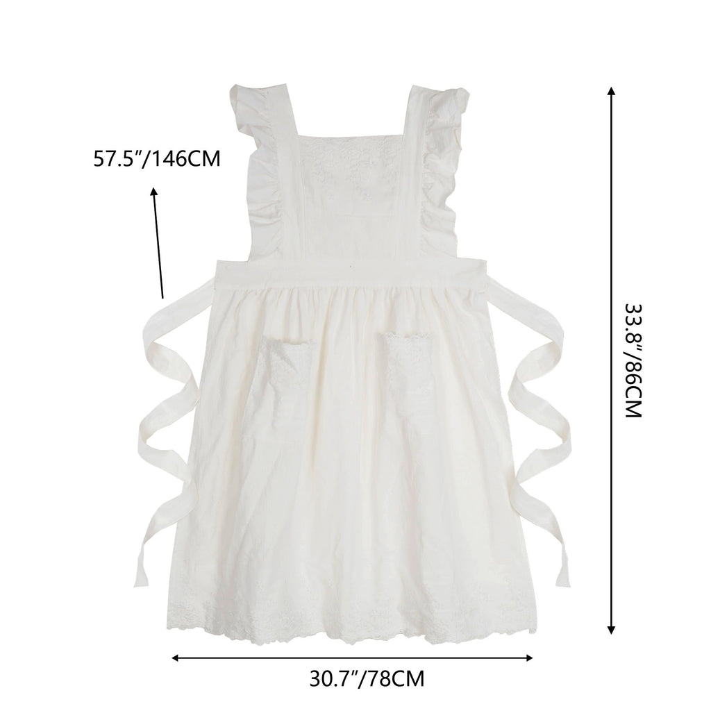 Aoomzoom Vintage Aprons for Woman with Pockets Cute Lace Ruffle Adjustable Apron for Cooking Kitchen Baking Gardening (White)