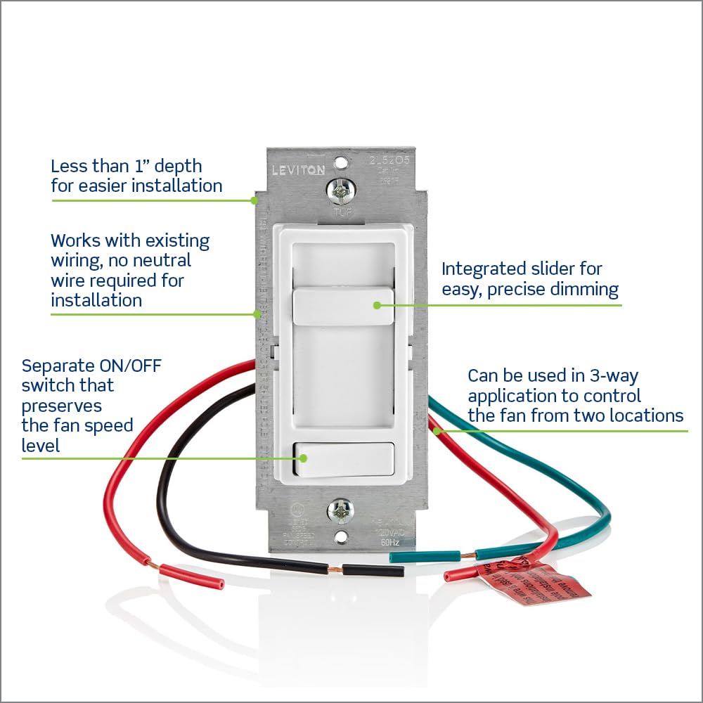 Leviton SureSlide Ceiling Fan Wall Switch, Quiet 3-Speed Fan Control, 1.5 Amps, 661F-10T, Light Almond