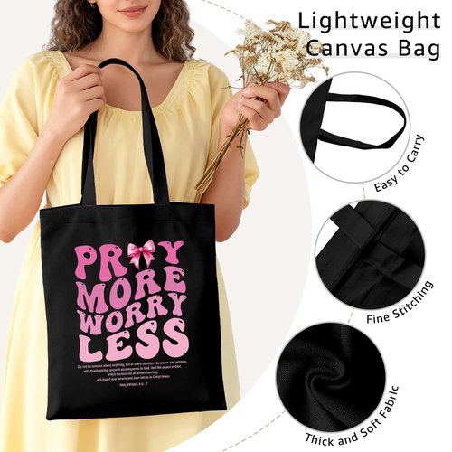 WHTYEFZ Pray More Worry Less Women Canvas Tote Bag, Christian Bible Verse Tote for Women, Mental Health Awareness Gifts, Inspirational Religious Gifts ChristianMom Sister Daughter Niece BFF
