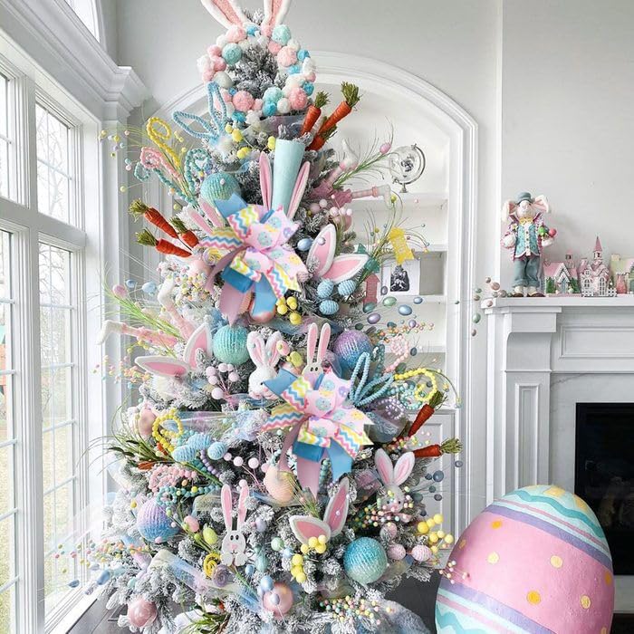Skiennix Easter Wreath Bow - Pre-Tied Striped Wired Ribbon for Spring Decor | 10x12 Inch, Indoor/Outdoor