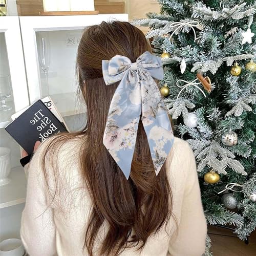 JazSwirl Blue Floral Hair Bow Clip Large Long Ribbon Hair Accessory