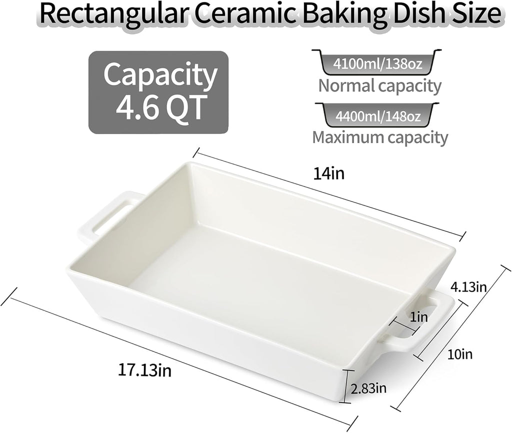 Regine Switzerland 4.6 Qt Large Rectangular Ceramic Baking Dish - 14x10 Inch Casserole Pan with Handles for Oven, Microwave, and Dishwasher Safe Use
