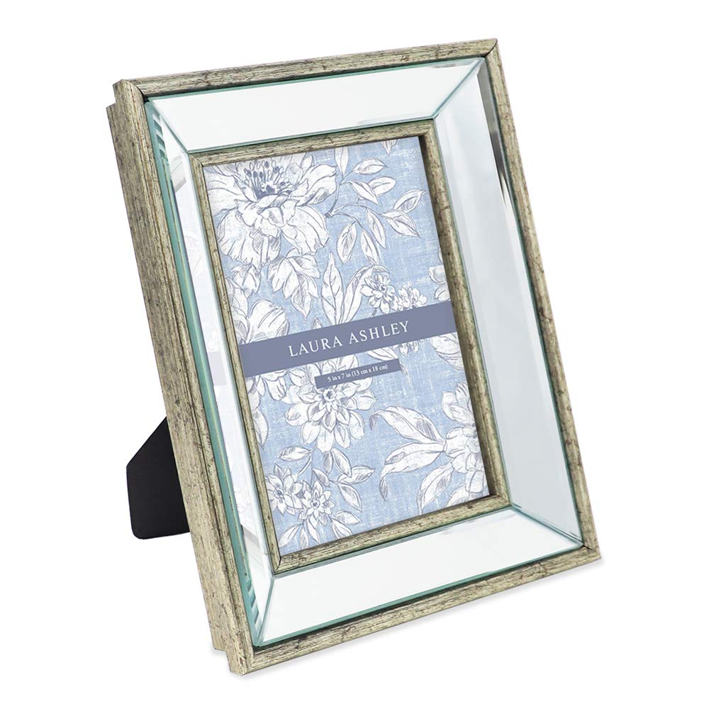 Laura Ashley 5x7 Silver Beveled Mirror Picture Frame, Classic Mirrored Frame with Deep Slanted Angle, Wall-Mountable, Made for Tabletop Display, Photo Gallery and Wall Art, (5x7, Silver)