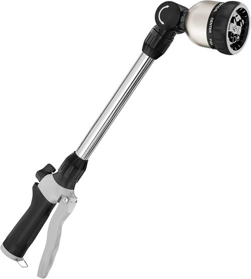 FANHAO Heavy Duty Watering Wand - 16-Inch Metal Hose Nozzle with 8 Spray Patterns & Thumb Control