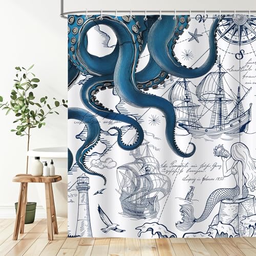 Blue Nautical Octopus Mermaid Shower Curtain 72x72 inch Waterproof Coastal Decor