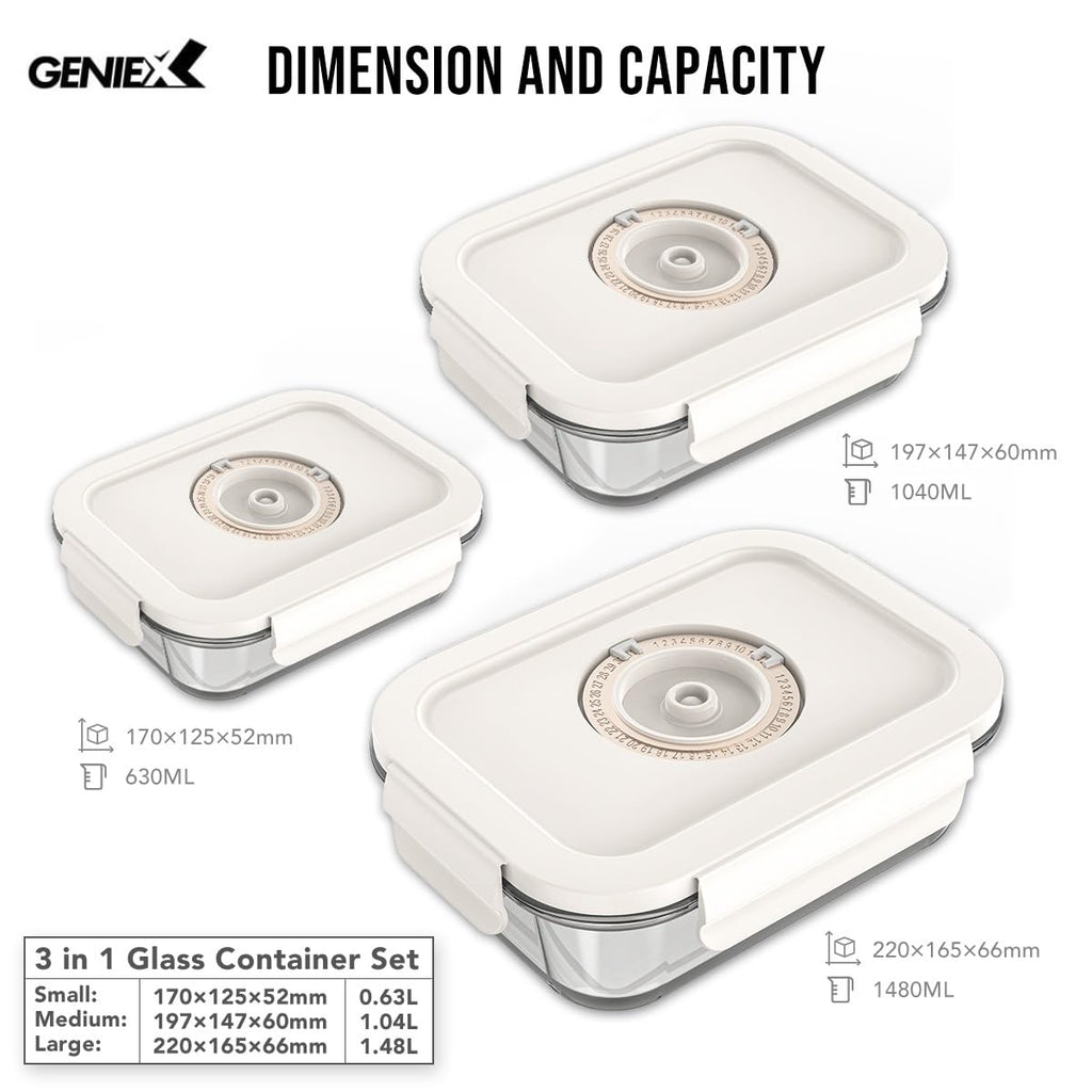 GENIEX Glass Vacuum Seal Containers for Food Storage (Sealer sold separately)
