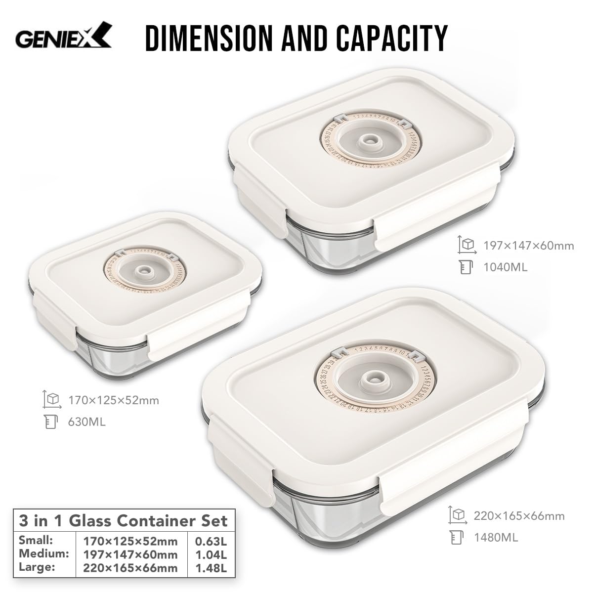 GENIEX Glass Vacuum Seal Containers for Food Storage (Sealer sold separately)
