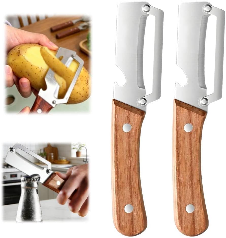 Skiennix Multi-Functional Vegetable Peeler - 2-in-1 Stainless Steel with Wooden Handle & Bottle Opener | Ideal for Potatoes, Pumpkins, Zucchini (2 Pcs)