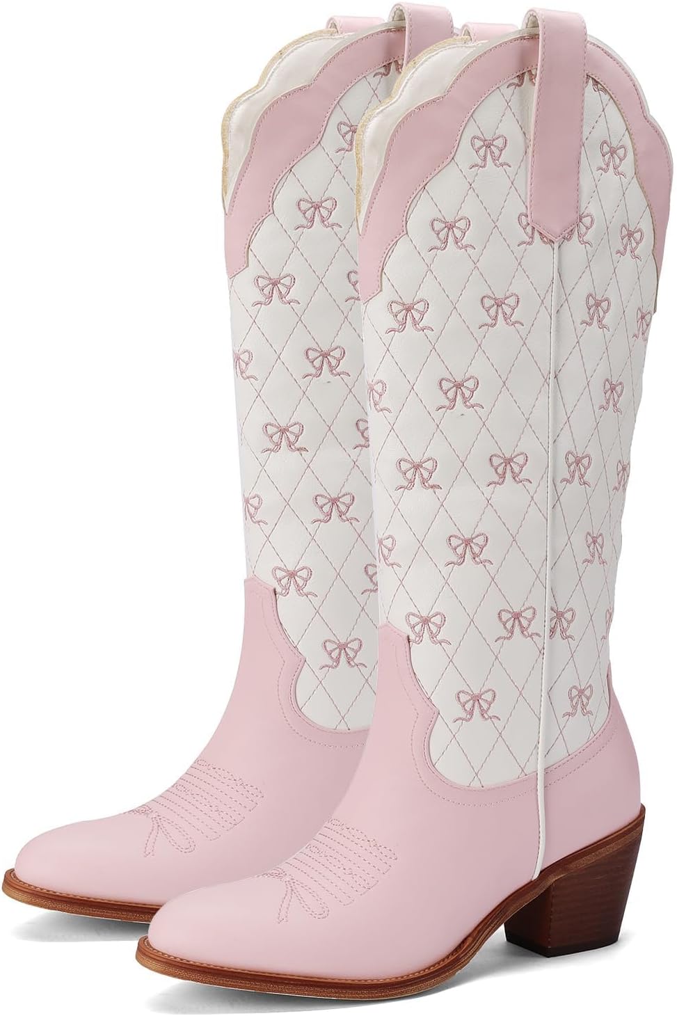 Skiennix Cowboy Boots - Embroidered Knee High Cowgirl Boots with Chunky Heel & Pearl Accent | Dressy Party Style