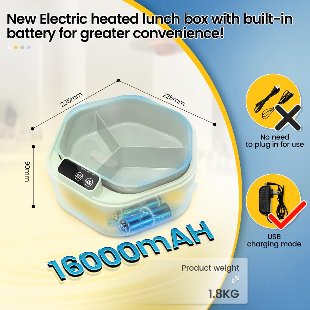 SL Nevnmoe Cordless Electric lunch box, Battery Powered Heated Lunch Box，Food Heate 1L Adjustable heating time Comes three compartments Used for trucks, camping, offices