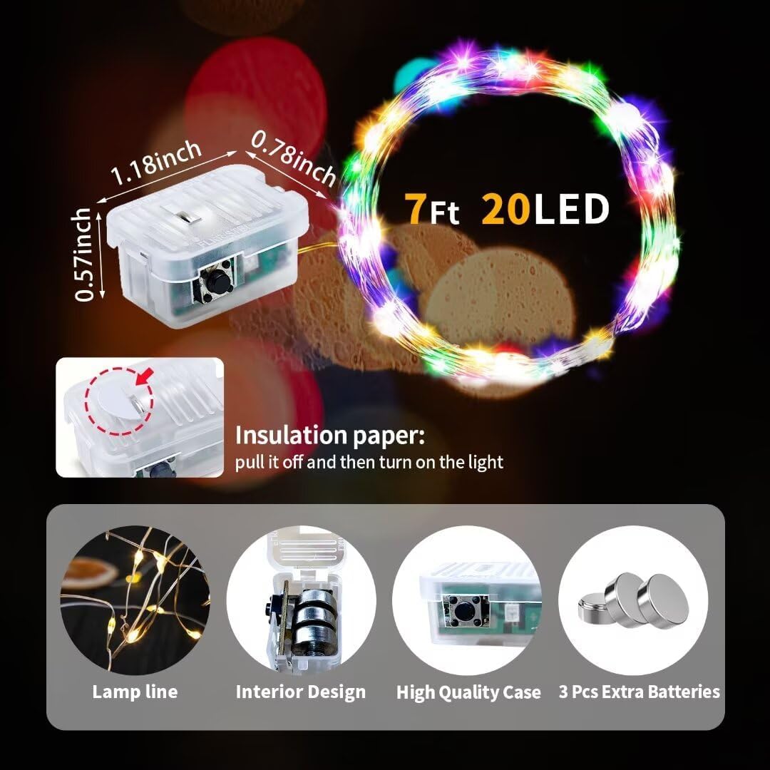 Pozzolanas 24 Pack Multi-Colored Fairy Lights - Battery Operated 7FT Waterproof String Lights for Weddings & Parties