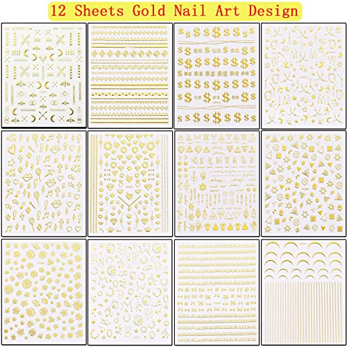 12 Sheets Gold Nail Art Stickers Set 3D Self-Adhesive Metallic Decals