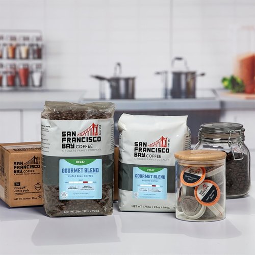 San Francisco Bay Coffee - Decaf Medium-Dark Roast - Decaf Gourmet Blend (80 ct) - Single Serve Coffee Pods, Swiss Water Processed, Commercially Compostable, K Cup Compatible