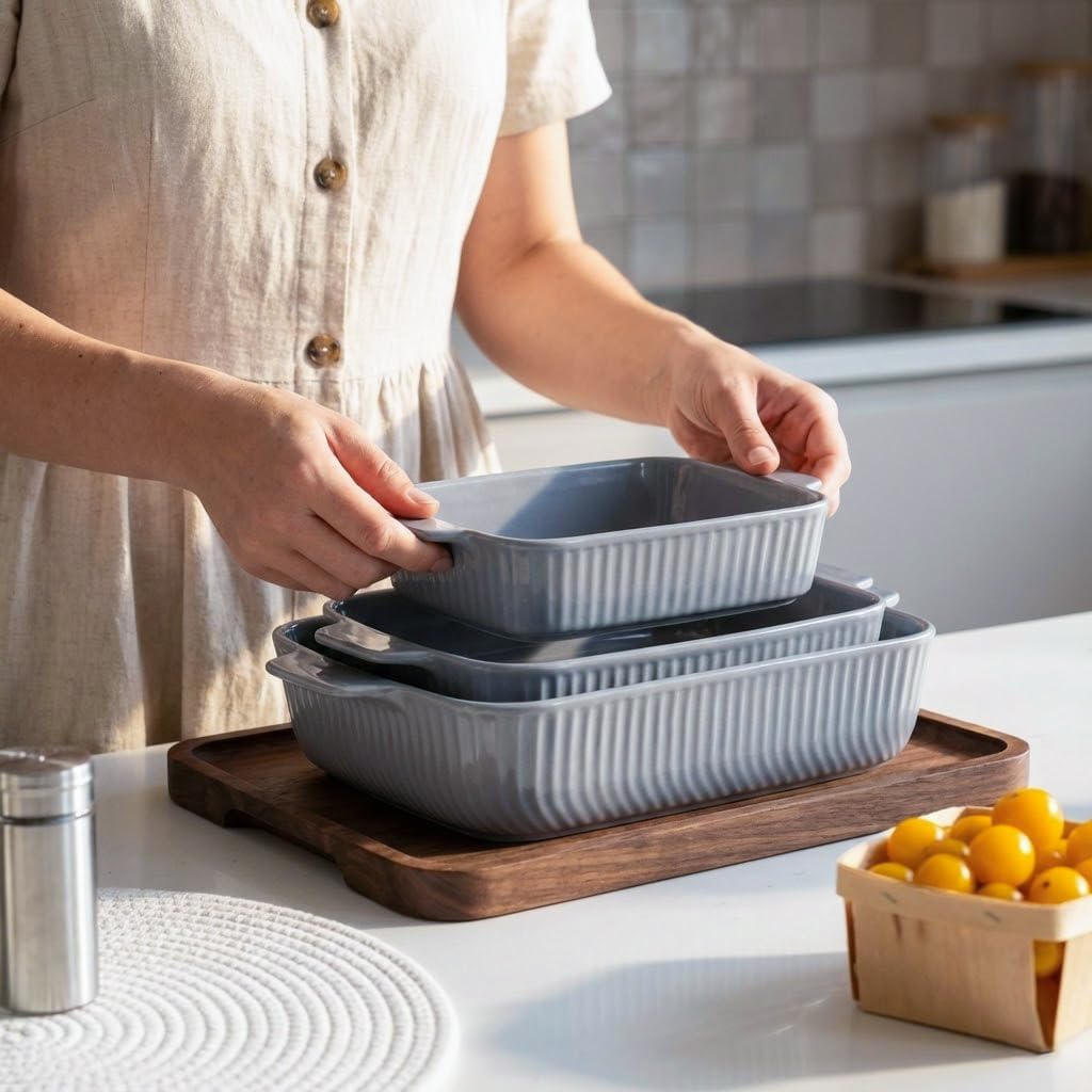Yachi Ceramic Casserole Dishes Set - 3-Piece Rectangular Bakeware with Handles | Microwave & Dishwasher Safe, Gray (14.8''/12.7''/9.8'')