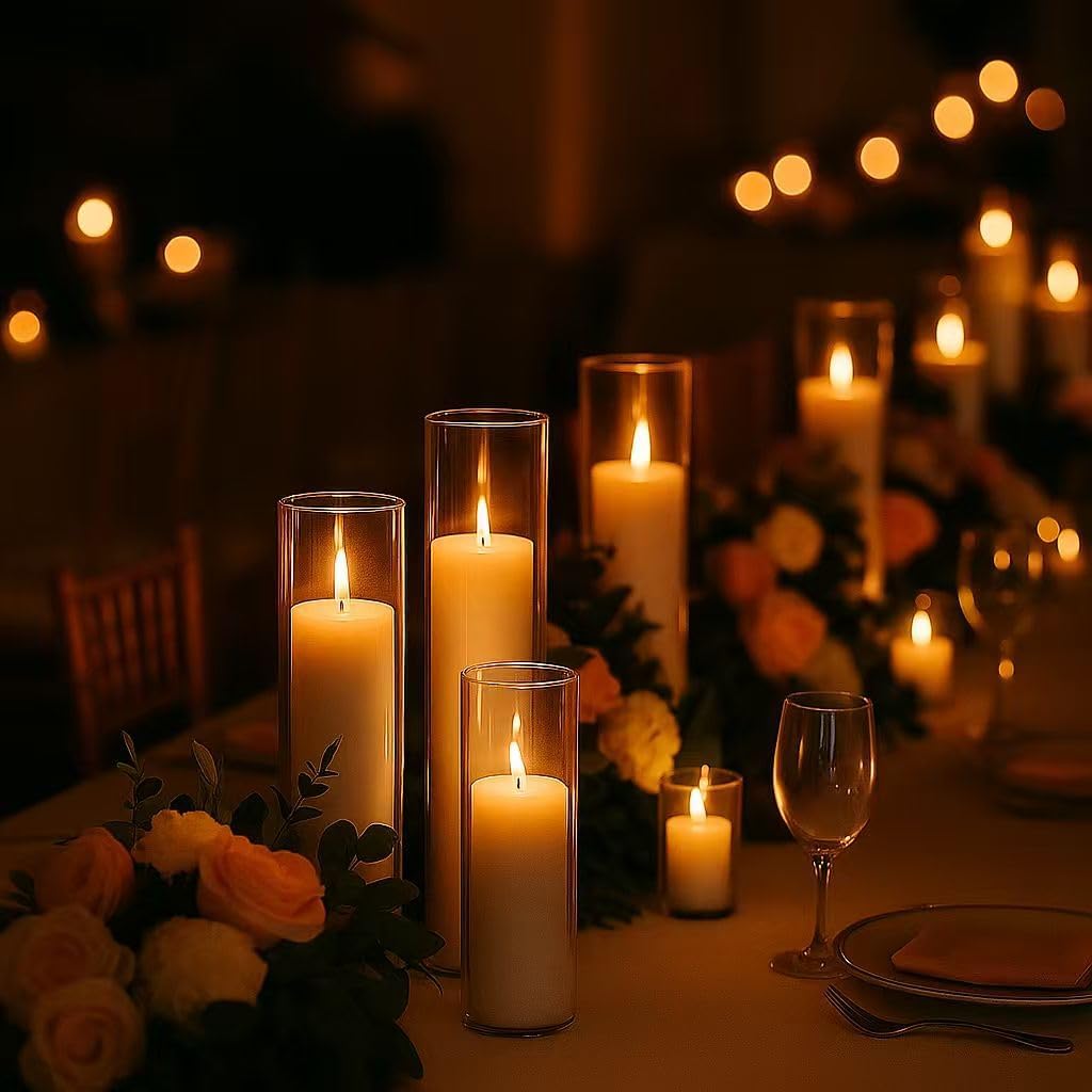 Set of 6 White Pillar Candles by [Brand Name] - Elegant Glass Hurricane Holders for Weddings & Home Decor