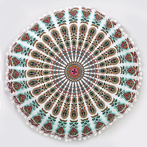 22" Round Mandala Ottoman Cover - Pink-Mustard-Green Floor Cushion