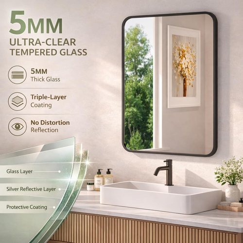 Black Bathroom Mirror - 22x30 Rectangle Wall-Mounted Vanity Mirror with Shatterproof Glass & Matte Aluminum Frame