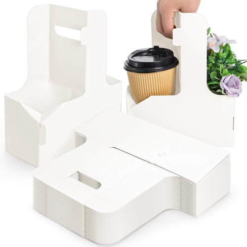 Lawei 50 Pack 2 Cup Drink Carrier with Handle, Disposable White Cardboard Paper Cup Holder Tray for Cold/Hot Drinks, Coffee Carrier, Food Delivery, Thickened Take Out Cup Carriers, Easy Assemblable