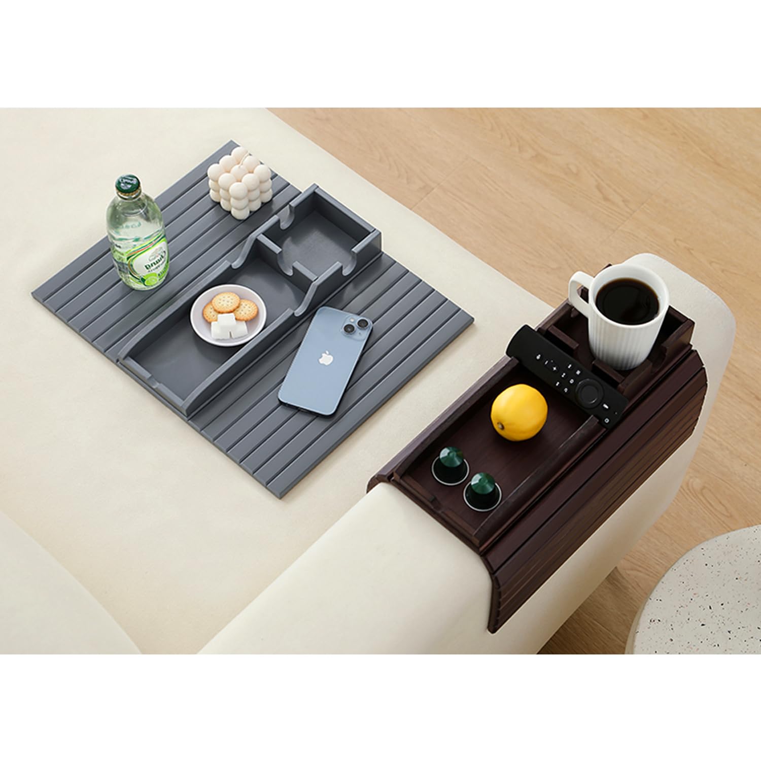HNLISA Bamboo Couch Cup Holder Arm Tray Table，Foldable Couch Drink Holder Armrest Table，Sofa Arm Rest Tray，Flexible Arm Chair Table Recliners for Drink,Cups, Snacks, Phone, Remote (Mahogany)