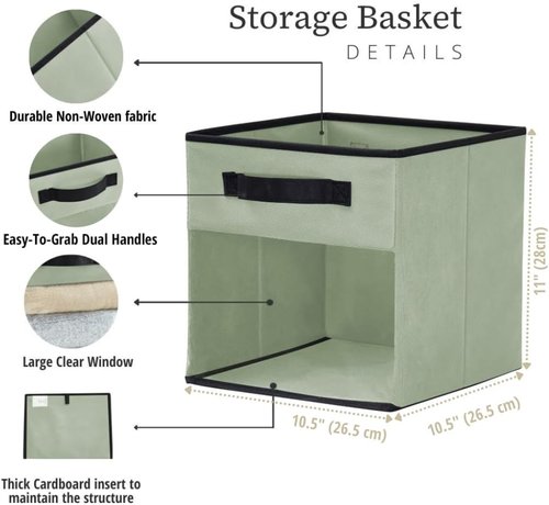 DECOMOMO Storage Bins - Fabric Cube Storage with Window for Shelves | 11" Green (Set of 6)