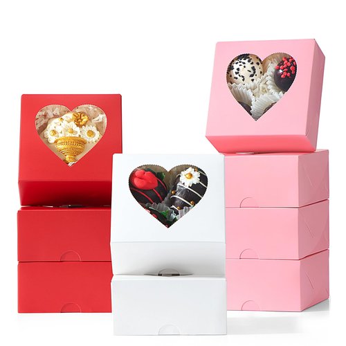 JCXGRVC 48PCS 4x4x2 Heart-Shaped Window Bakery Boxes in Pink,White, Red - Perfect for Cookie, Strawberries, Mini Bundt Cakes, Chocolate Truffles & Small Desserts-Wedding and Party Favors