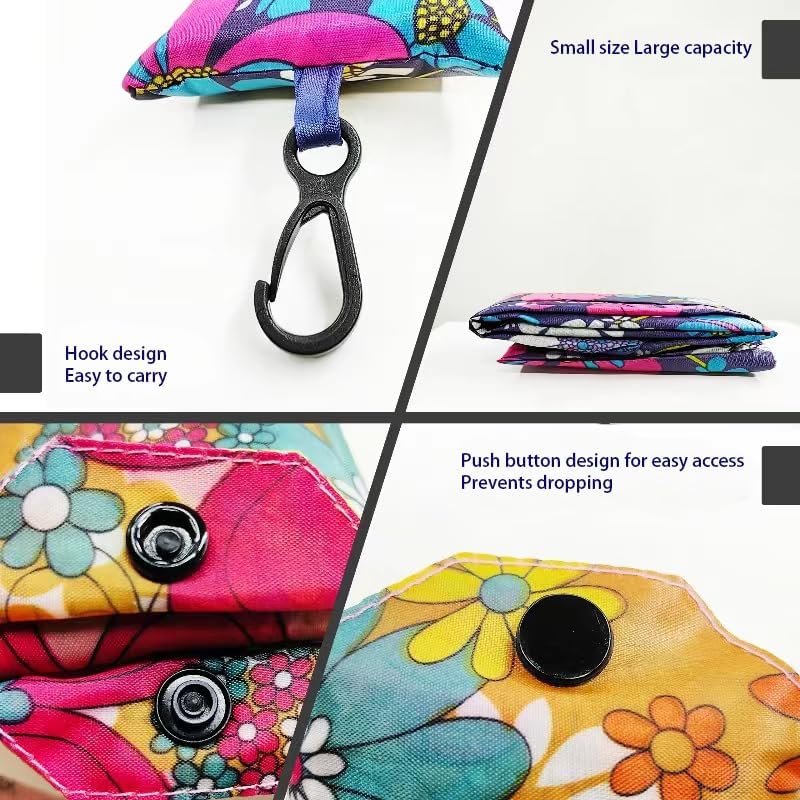 Reusable Grocery Bags - 6 Eco-Friendly Foldable Tote Bags with Flower Patterns
