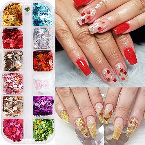 Fall Maple Leaf Nail Art Glitter Sequins 12-Color Set for Acrylic Nails