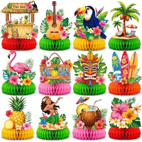 Hawaiian Luau Party Decorations - Tropical Honeycomb Centerpieces, 12 Pcs
